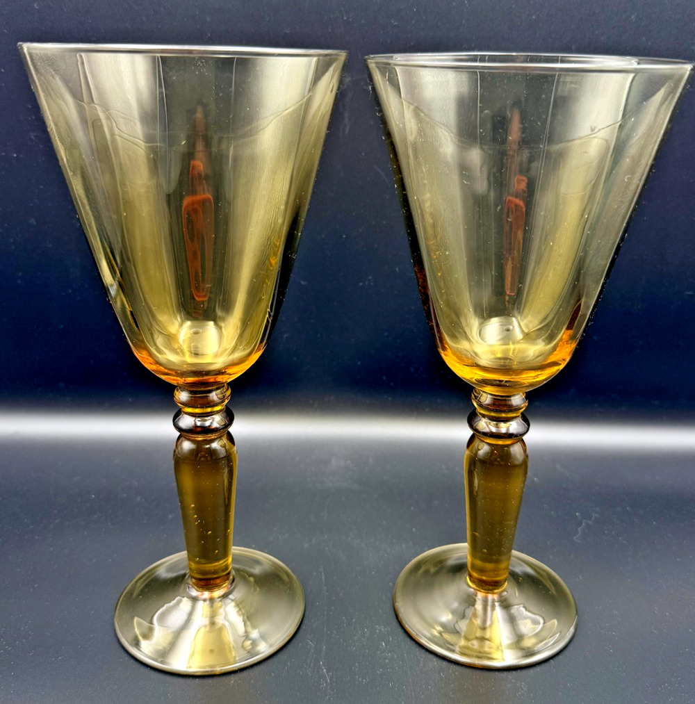Set of 2 Hand Blown Rich Honey Amber Goblets Wine Water Glasses V Shaped Bowl